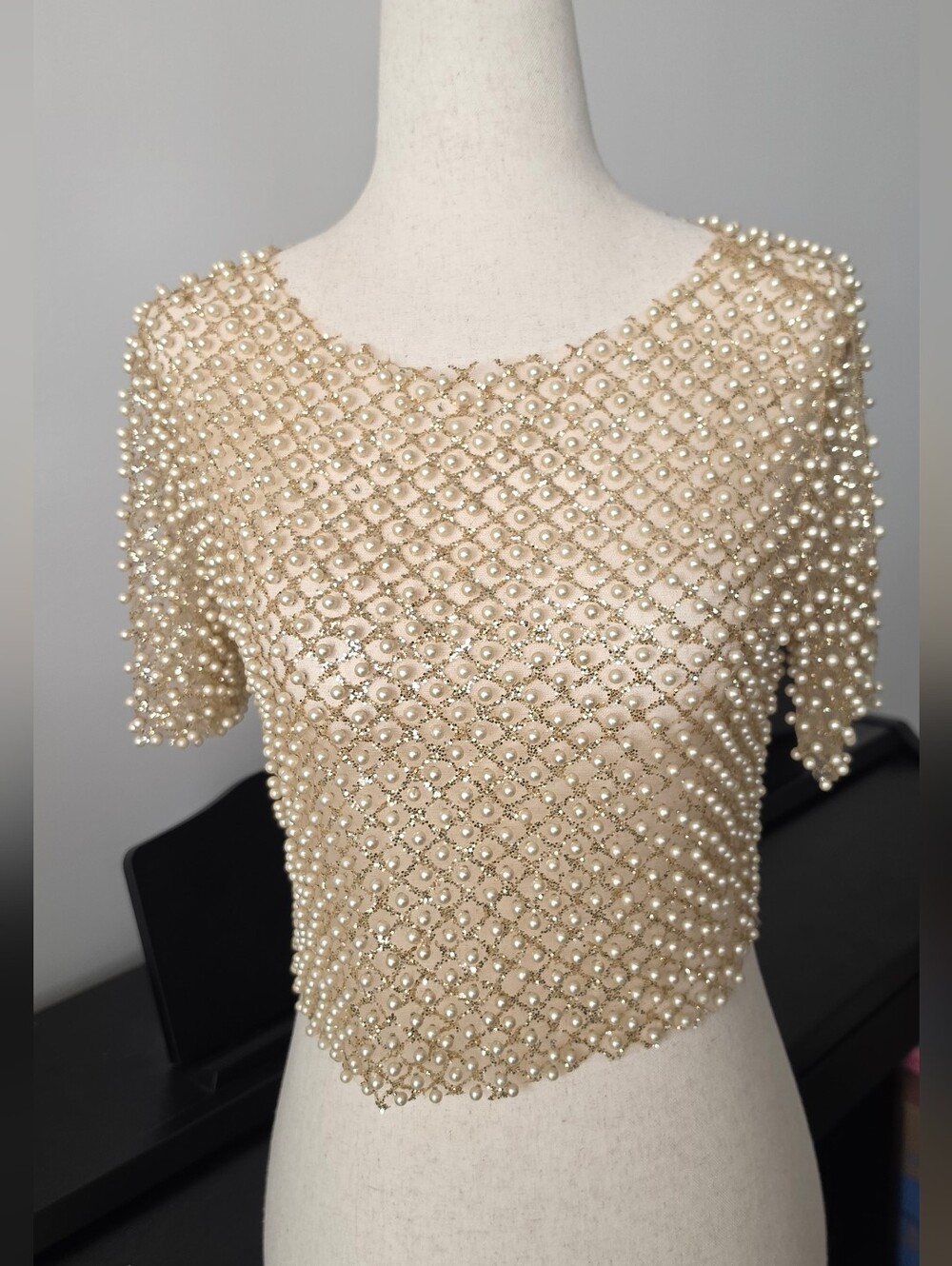 Windsor Pearl-Embellished Cream Crop Top